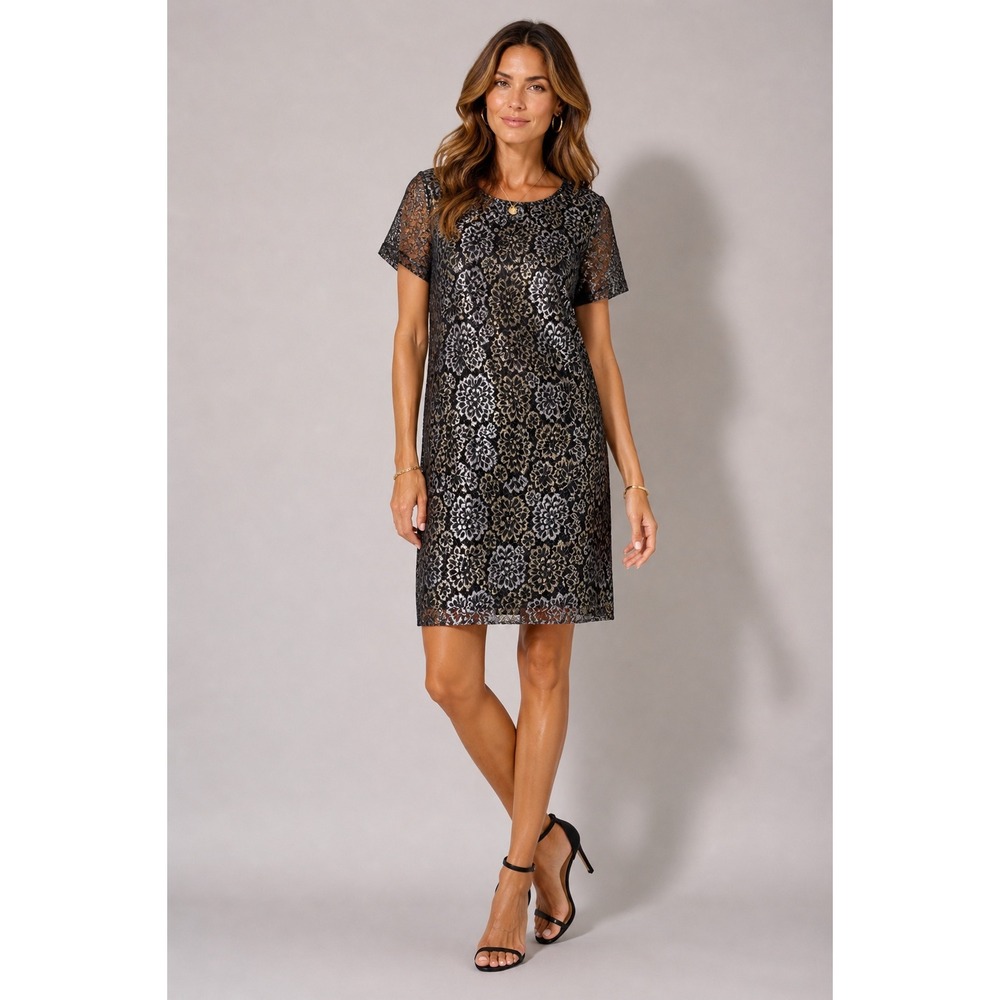 Tommy‎ Hilfiger Metallic Floral Lace Shift Dress Black Gold Silver Womens 14